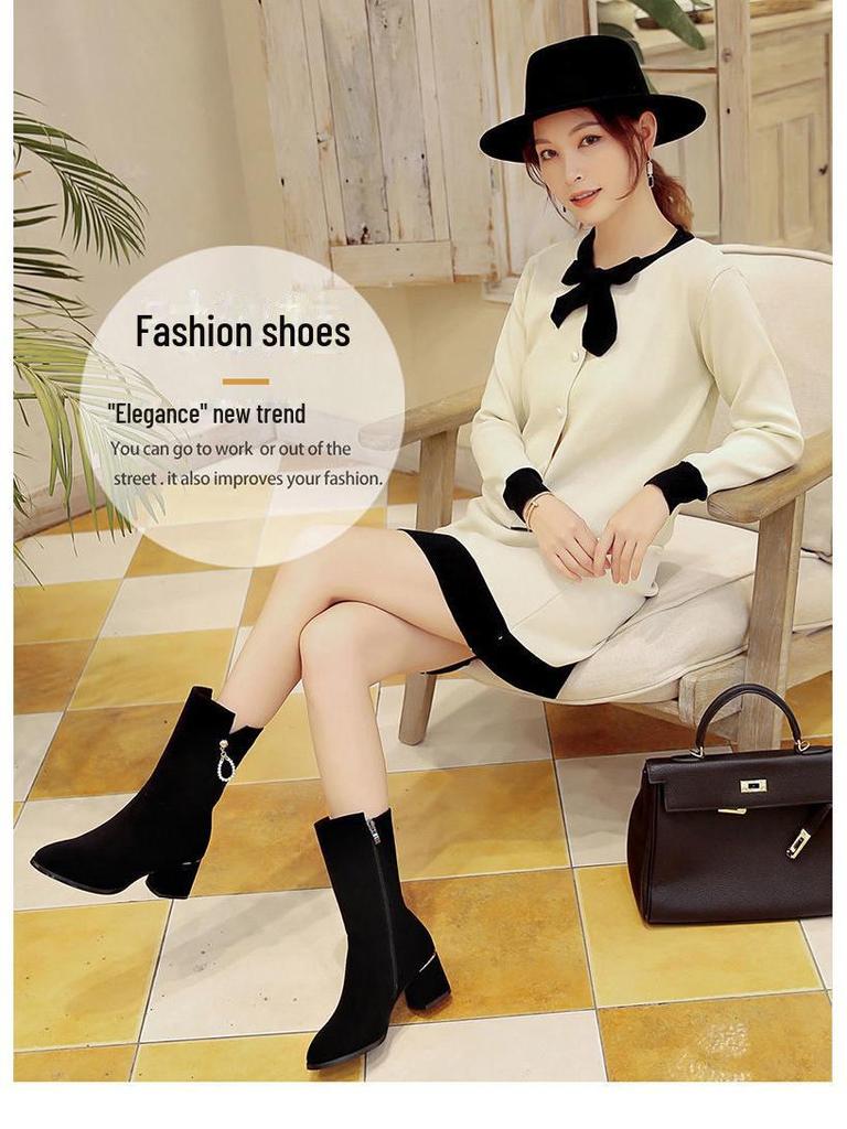 Женские ботинки Martin до середины голени с бархатной подкладкой — британский стиль, универсальные толстые каблуки средней высоты, зимние хлопковые ботинки, увеличивающие рост