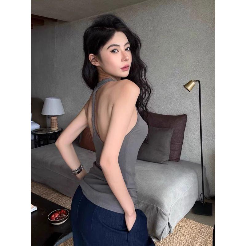 Kumikumi Niche Back Twist Apricot Vest Women Clothes Summer Retro Sexy All-Match Slimming Sleeveless Top