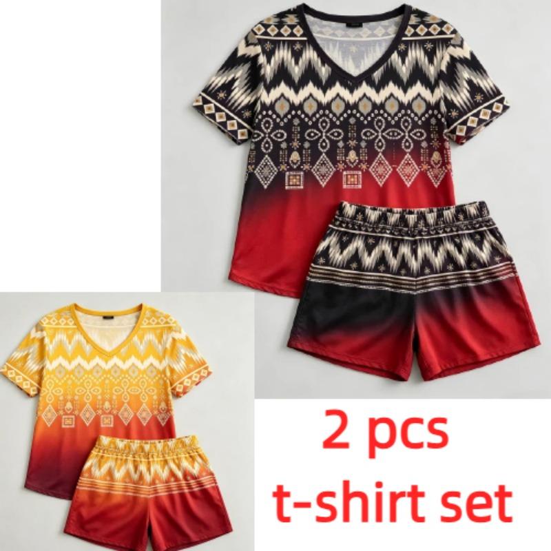 Summer Geometric Wavy Lines Pattern Printed V- Neck Short Sleeved T-Shirt And Shorts Set Women's and Men's T-shirt Shorts Set