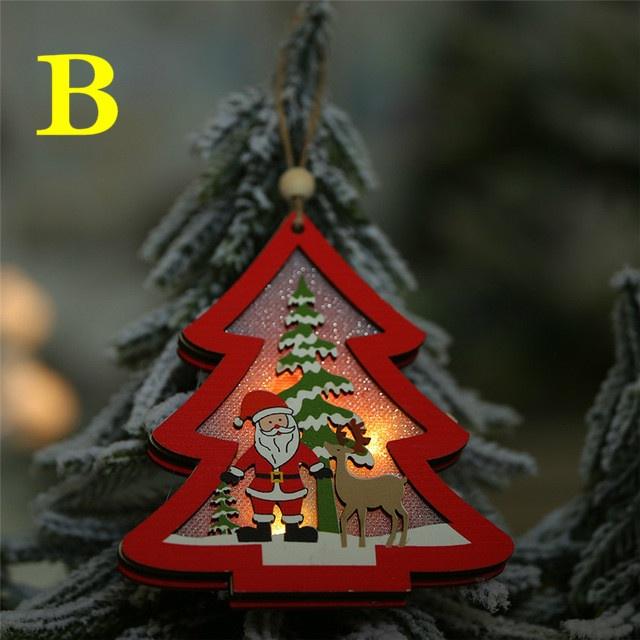 LED Light Christmas Tree Star Car Wooden Pendants Ornaments Xmas DIY Wood Crafts Kids Gift for Home Christmas Party Decorations