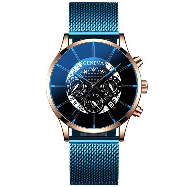 Luxury Men 'S Fashion Business Calendar Watches Blue Stainless Steel Mesh Belt Analog Quartz Watch Relogio Masculino Mens Watch