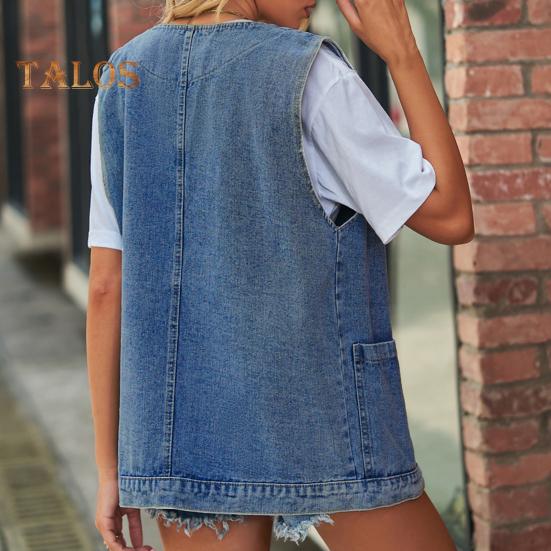 Женский джинсовый жилет с v-образным вырезом и накладными карманами без рукавов, однобортный кардиган, однотонный, повседневный, уличная одежда без рукавов, женский жилет