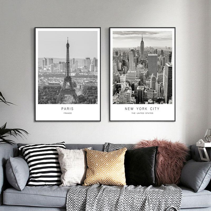 Черно-белый городской пейзаж мира Картина на холсте Париж Лондон Плакат Печать Современное настенное искусство Картина Украшение спальни Домашний декор