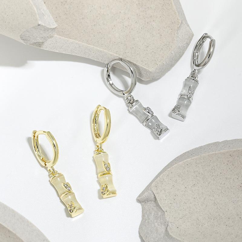 Golden Opal Anti-allergic Bamboo Earrings, Guochao Retro Gradually Rising High-end Long Bamboo Earrings