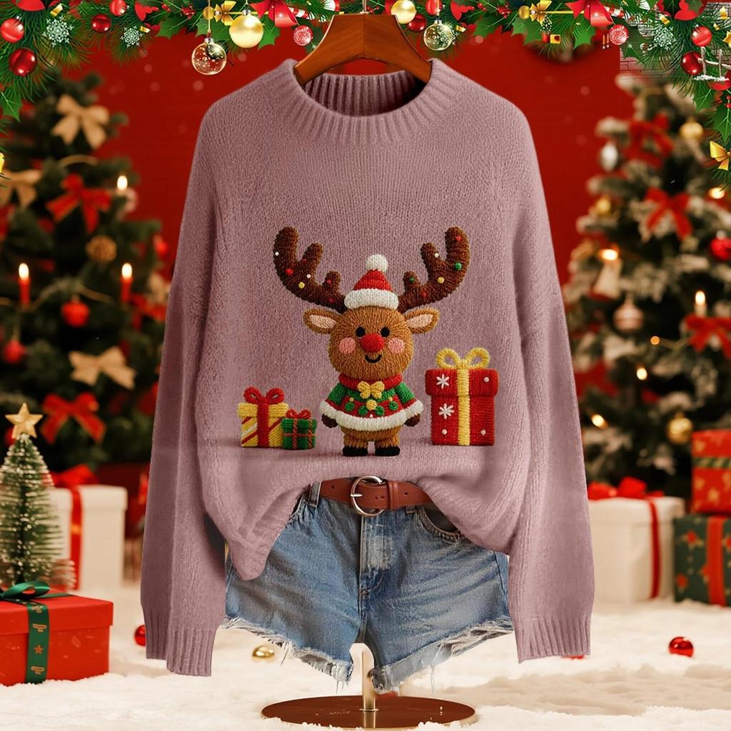 Женский модный пуловер с рождественским принтом, с длинным рукавом и вырезом под горло, вязаный свитер-топ