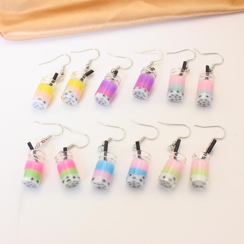 Creative Funny Three Layers Colored Bubble Milky Tea Pendant Earrings for Women Personality Drink Party Ear Zircon Girl Gift