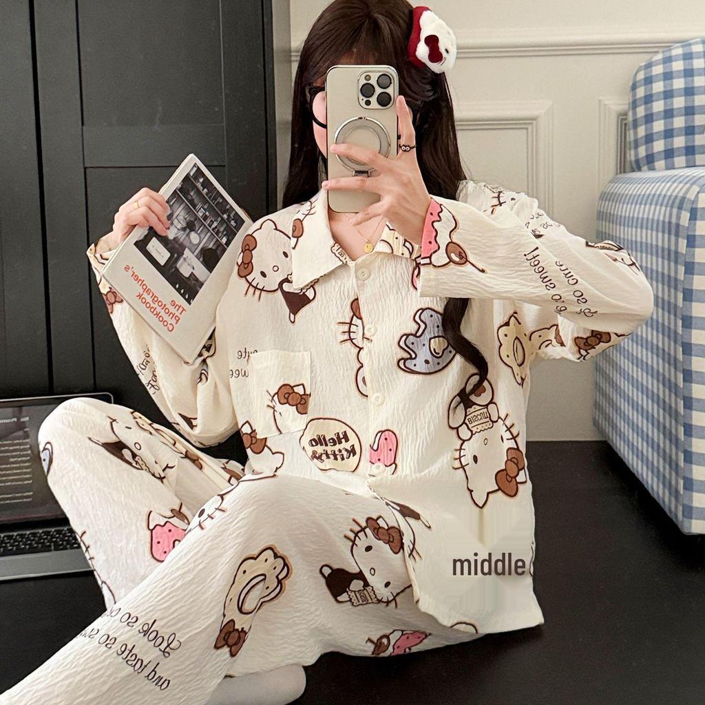 2025 Милый мультяшный женский пижамный комплект - Весенне-осенний кардиган с длинными рукавами и брюки