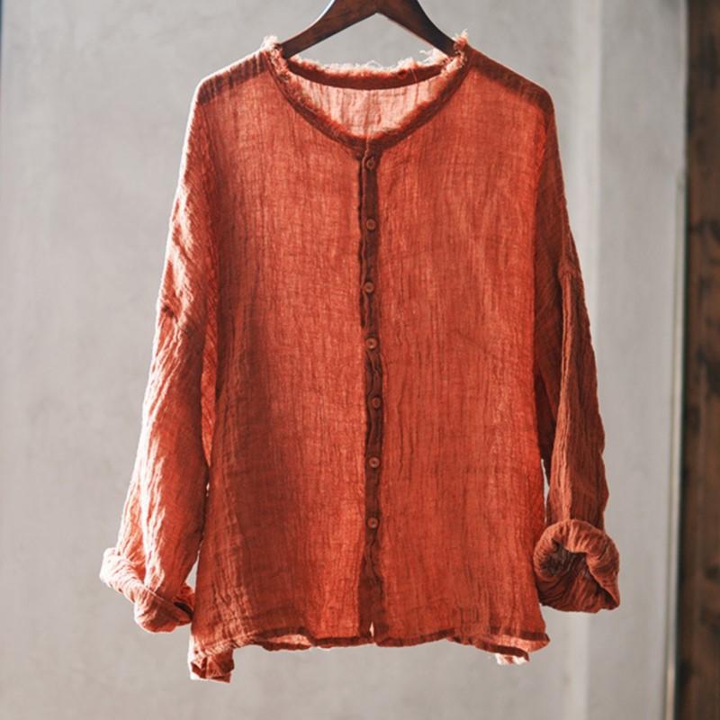 Johnature Винтажные женские рубашки с круглым вырезом и длинным рукавом на пуговицах, осенние свободные однотонные повседневные женские рубашки