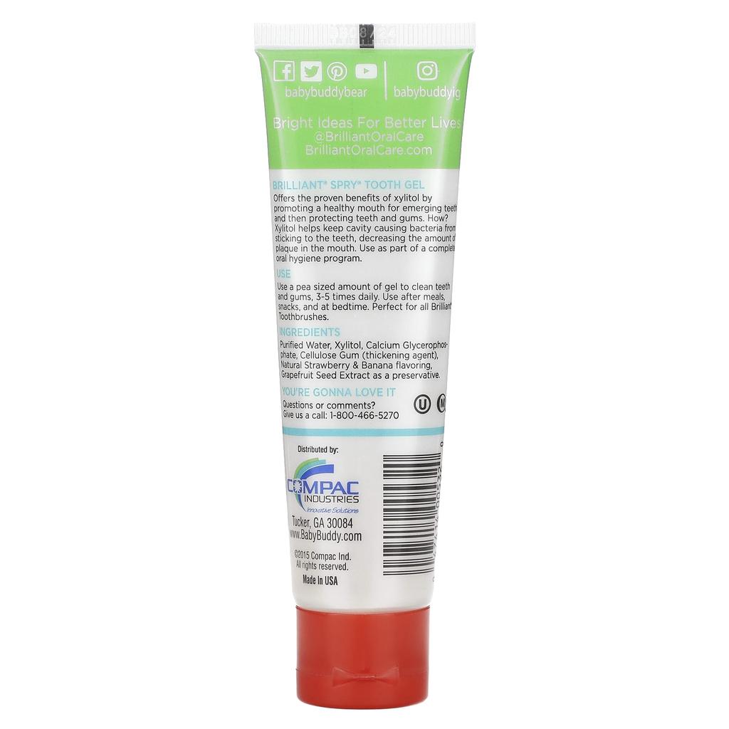 Brilliant, Spry, Зубной гель, с ксилитом, 3+ месяцев, Клубнично-банановый, 60 мл (2 жидких унции)