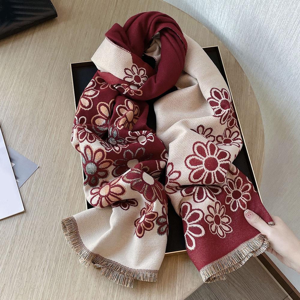 Winter Warmth Scarf Women Flower Scarf Thick Warm Scarf Long Fringed Shawl Blanket