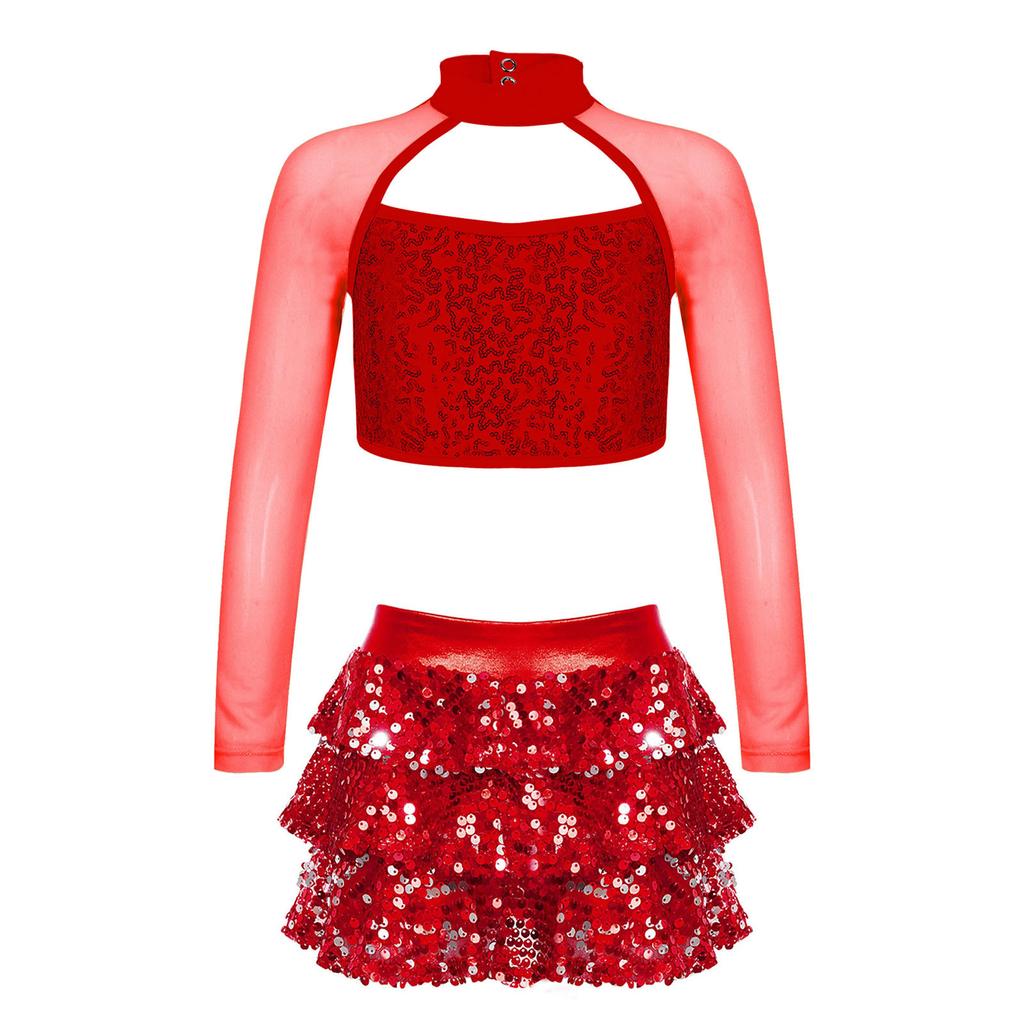 Girls Dance Outfit Long Sleeve Cutout Crop Top with Sparkling Sequins Tiered Ruffle Skirted Shorts