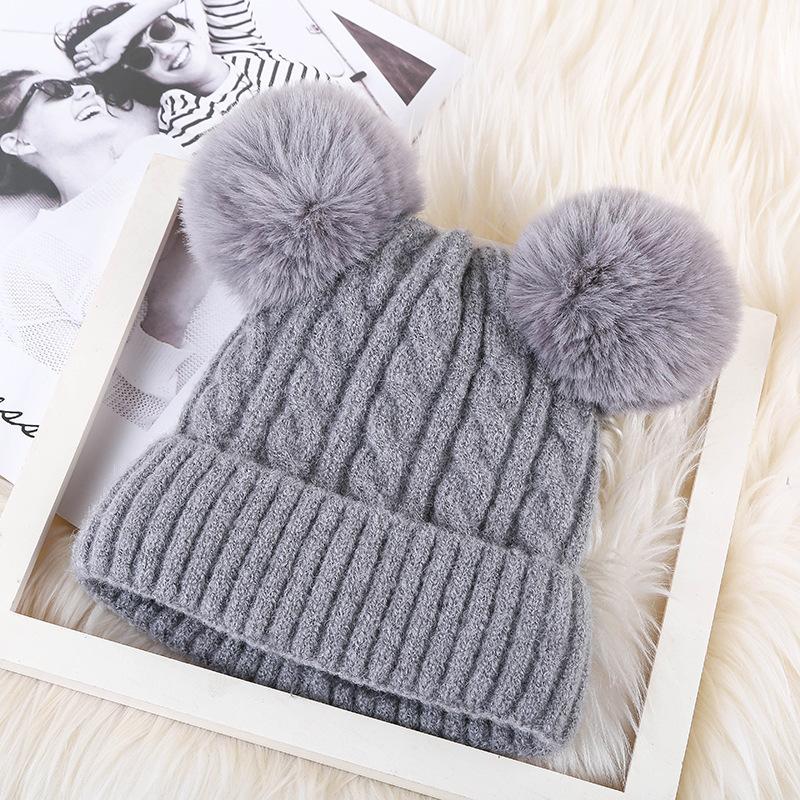 Hat Women's Winter Adult Plus Velvet Double Fur Ball Pullover Woolen Hat Korean Version Cute Cold Hat Personalized Warm Knitted Hat