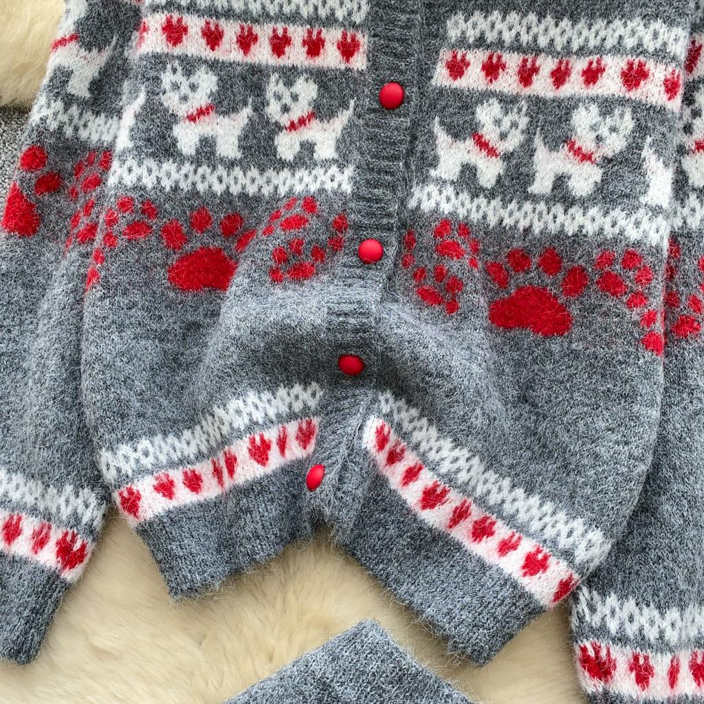 Autumn Winter Women Casual Print Knitted Twist Sweater Two Piece Set Single Breasted Cardigan Jacket and Mini Bodycon Skirt Christmas Outfit