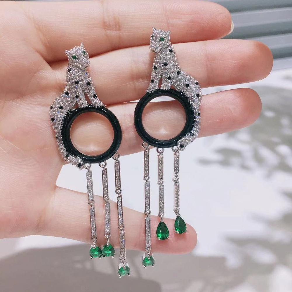 Длинные серьги-капли с головой леопарда, изумрудной огранкой и кисточкой, серебряные серьги 925 цвета с иглой, серьги с животными для женщин, дизайнерские украшения