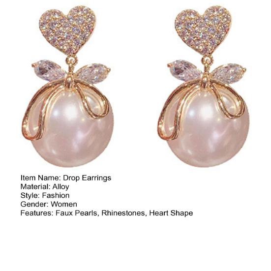 Yousheng 1 пара элегантных сережек-подвесок в форме сердца с бантом, висячие серьги, блестящие стразы, серьги-гвоздики из искусственного жемчуга