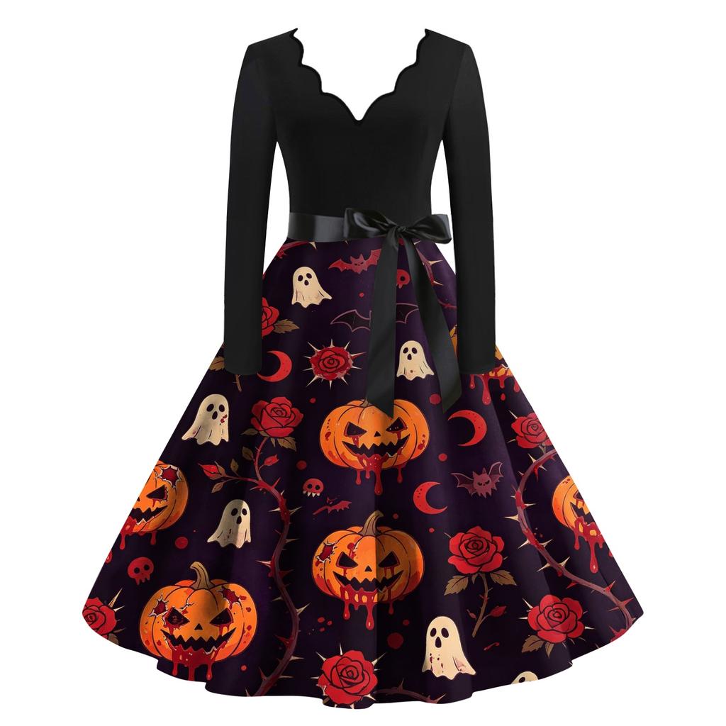Women's Halloween Printed Long Maxi Dress for Costume Party