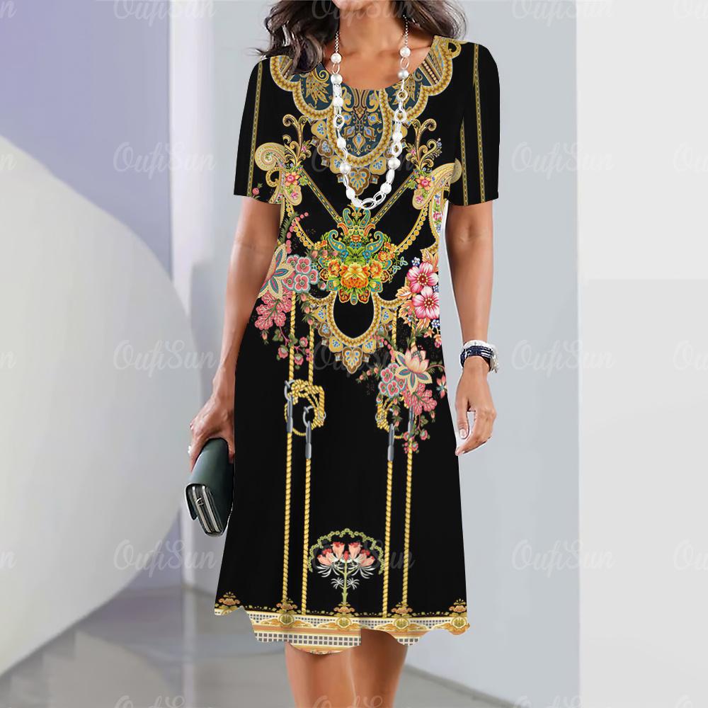 2025 Новые женские платья с принтом в стиле барокко Летнее элегантное платье Женские платья с коротким рукавом Модная одежда больших размеров