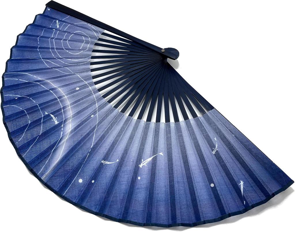 Hanakanzashi Folding Ripple Medaka Fish Cotton High Japanese Medaka Water Flow Cotton Men's Fan, Design, Design, Fabric, Blue, Gift, Large, Airflow,