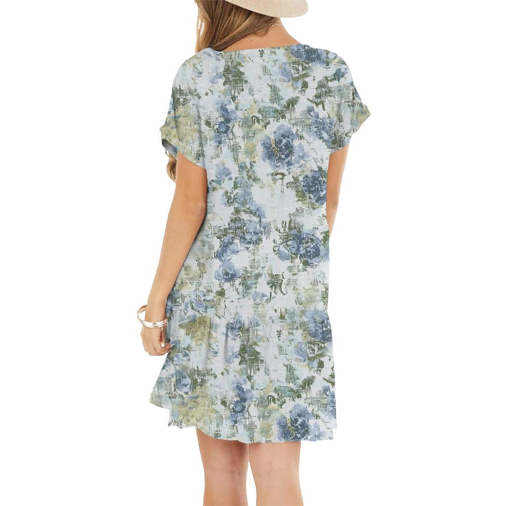 Женские модные повседневные платья с круглым вырезом и коротким рукавом с оборками и винтажным принтом