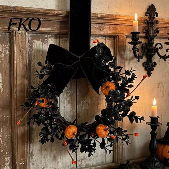 Velvet Bow Wreath Halloween for Front Door, 9 Inch Pumpkin with Black Party Backdrop Home Porch Holiday Window Wall Decor