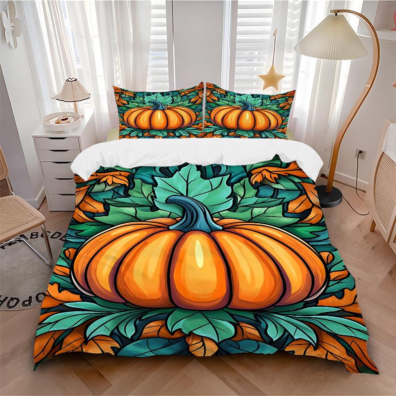 3pcs Pumpkin Halloween Bedding Set, Includes Without Pillow Inserts, Soft Comfortable Bedding Set,All-Season Use a0924087