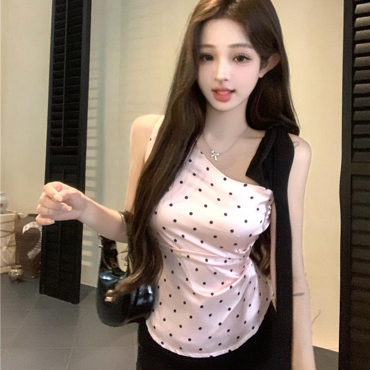 Women Satin Polka Dot One Shoulder Cami Top Side Ruched Slim Fit Asymmetric Neck Sleeveless Camisole