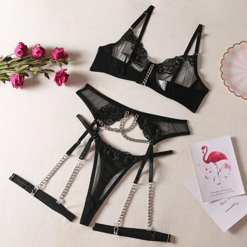 Toucheart 4-Piece Set Sexy Lingerie Metal Chain Embroidered Printing Perspective Sexy Hollow Out Lingerie Garter Kit Sexy Adult