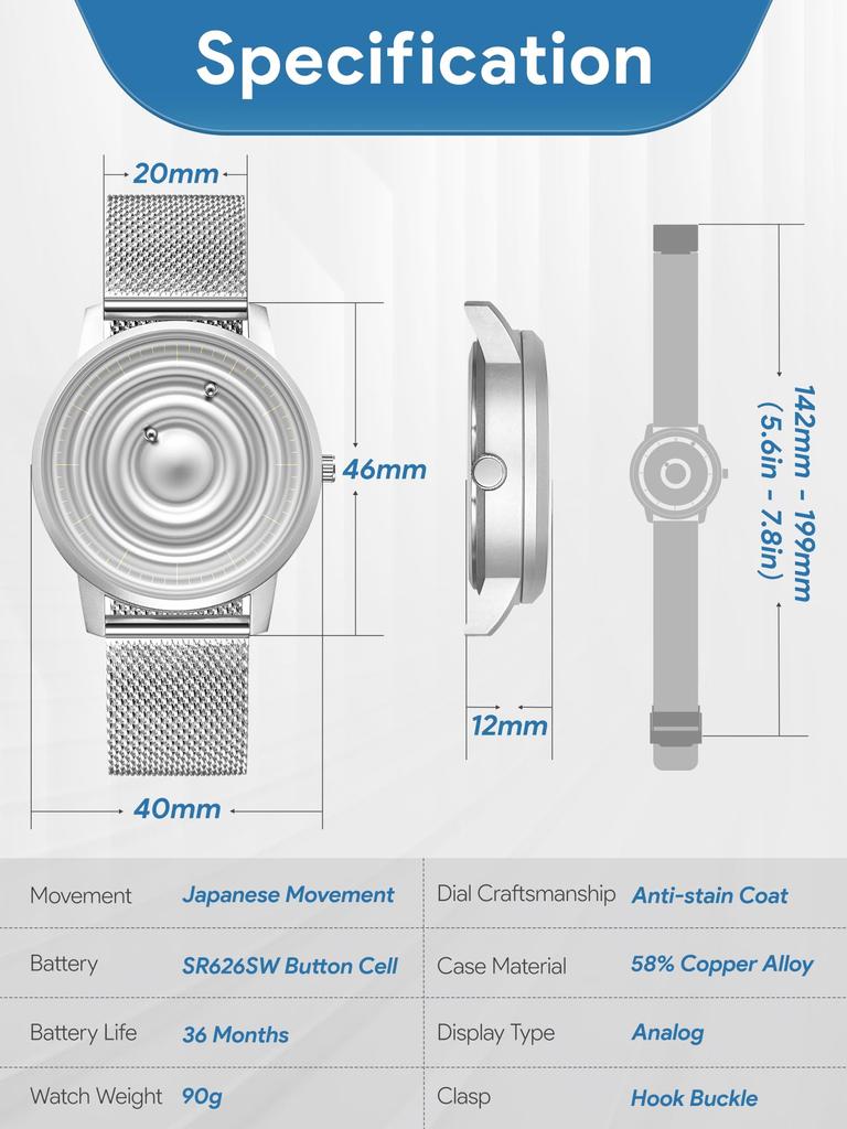 Магнитные часы с шарикоподшипником, дизайн унисекс, кварцевые часы, минимализм, повседневные, водонепроницаемые, 40 мм, серебристый циферблат, серебристый ремешок из нержавеющей стали, сетчатый ремень [EUTOUR]