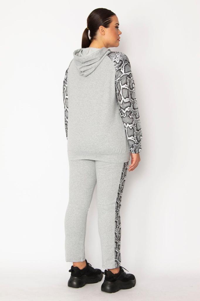Женский стильный комплект больших размеров под верхом, серый комплект брюк с капюшоном и подробным свитером Garni большого размера