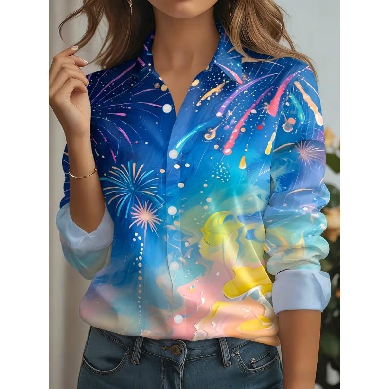 Spring Women's Button Shirt Elegant Colorful geometric patterns Lapel Blouses Long Sleeve Office Women Casual Printed Loose Tops