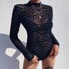 Autumn Fashion Sexy Irregular Stripe Bodysuit Women's Perspective Long Sleeve Slim Casual Bodysuit