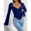 Women's T-shirt Vacation V-neck Trumpet Sleeve Waist Irregular Knitted Long-sleeved T-shirt Top