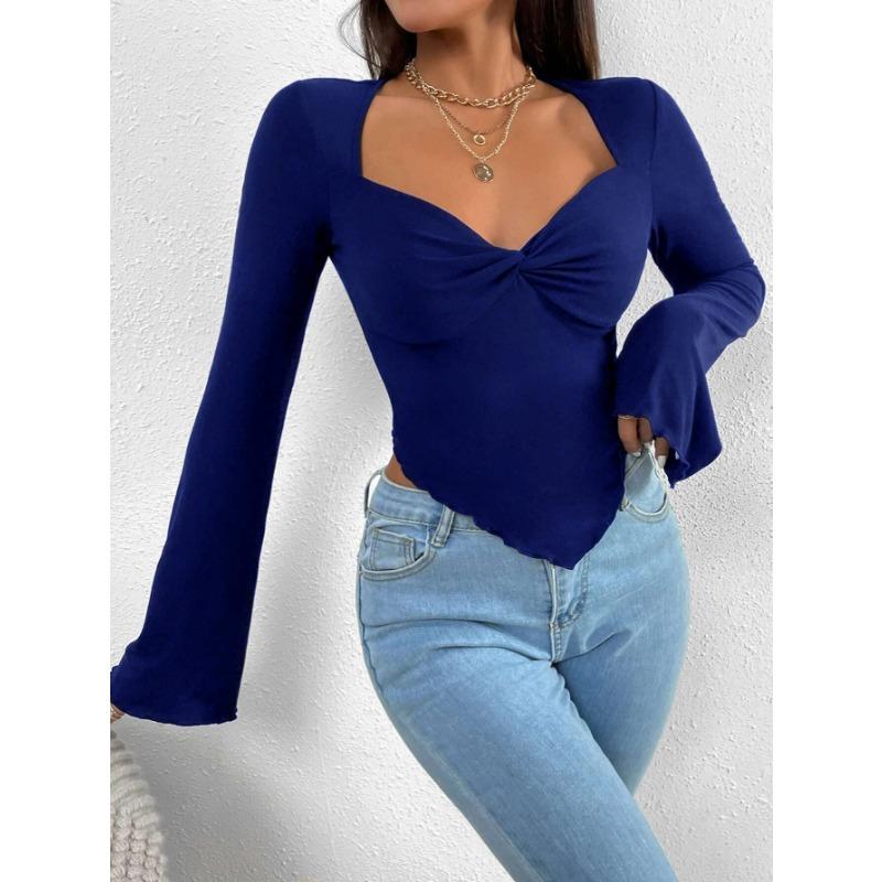 Women's T-shirt Vacation V-neck Trumpet Sleeve Waist Irregular Knitted Long-sleeved T-shirt Top