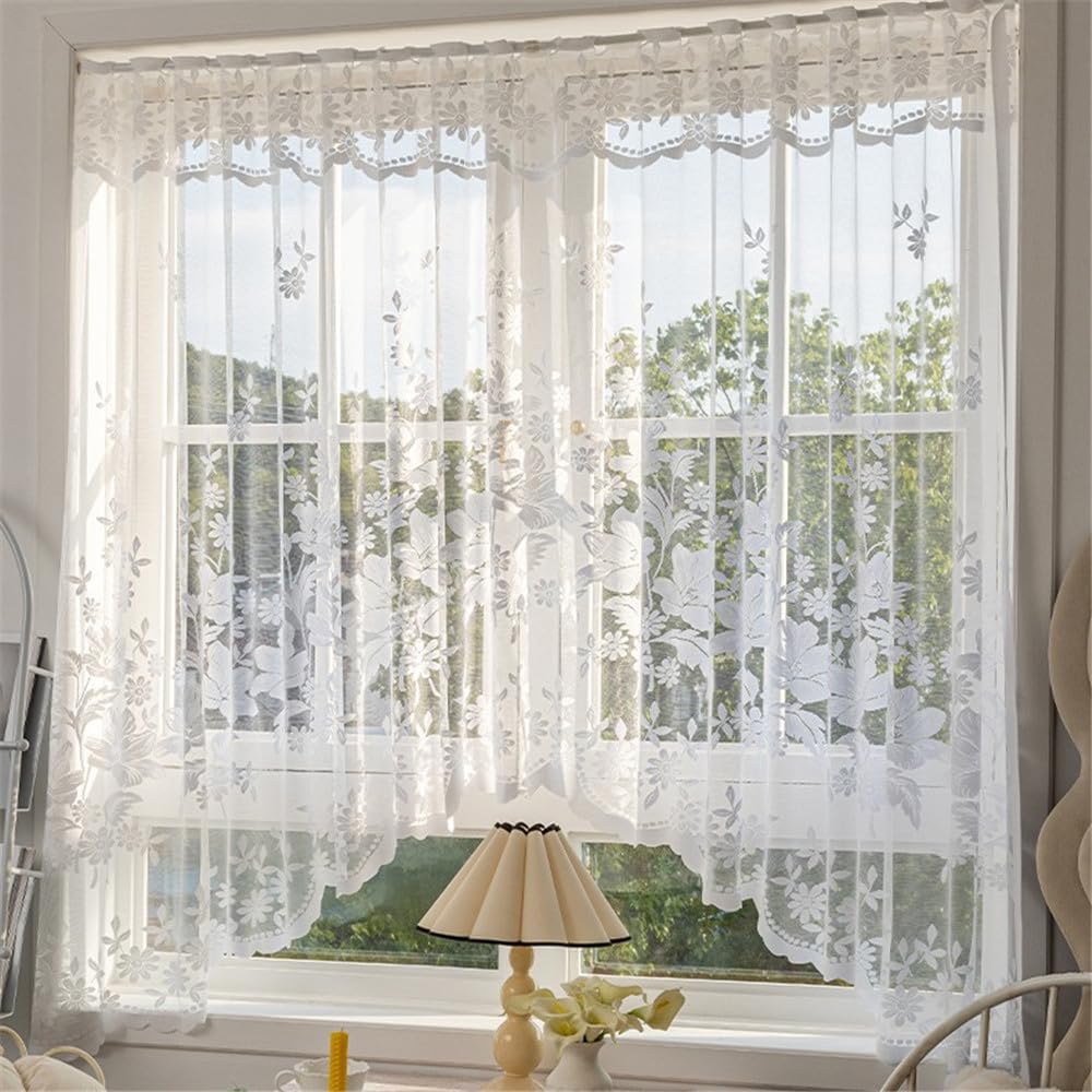 White Flower Sheer Triangle Curtain for Kitchen Small Window Half Curtain, French Country Decor Rod Pocket Drape