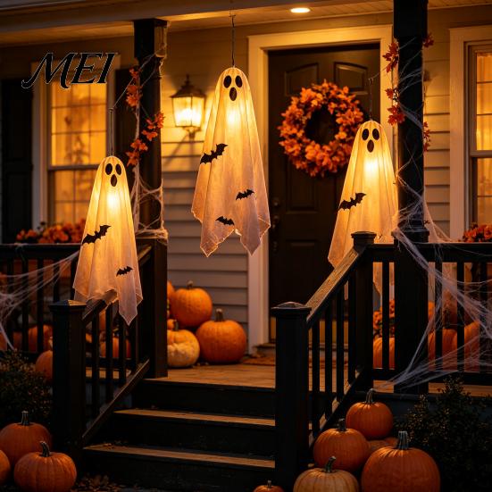 Halloween Hanging Ghost Decorations Scary Decor, Spooky Bat Print Decor for Porch Lighted Ghosts Tree, Glow-in-the-Dark Outdoor Decoration Front Door