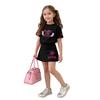 Girls Casual Two Piece Set Loose Fit Short Sleeve Crew Neck Top with Printed Design and Matching Skirt Comfortable Summer Outfit