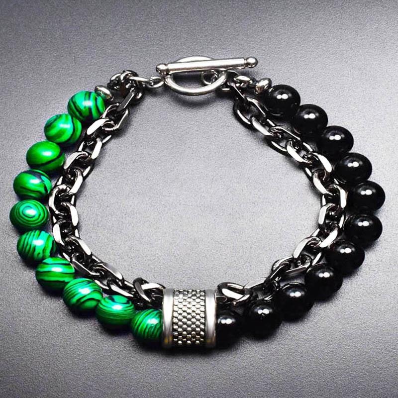 New Black White Stone Men's Bracelets Double Chain Link Stainless Steel Beaded Bracelets Bangle Male Jewelry