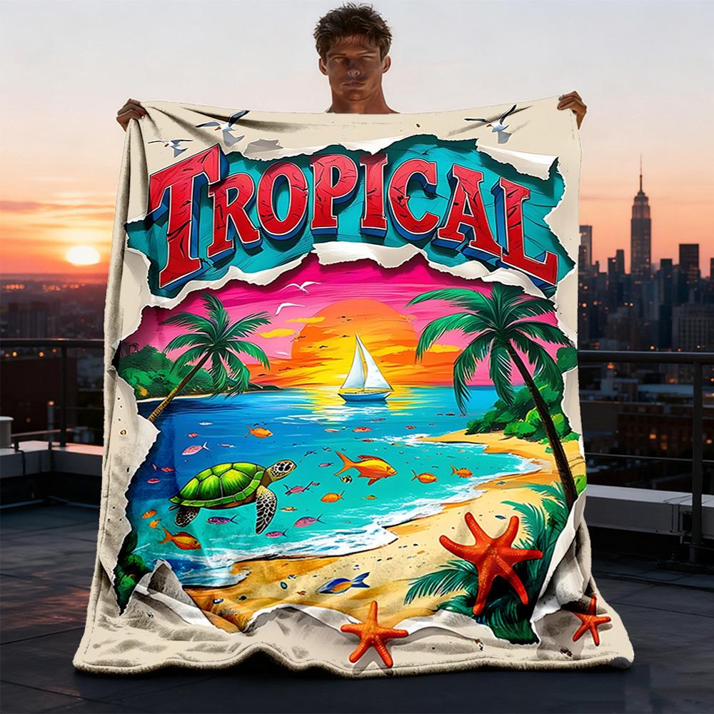 1pc Tropical Paradise Outdoor Flannel Blanket Soft All Season Polyester Throw , Perfect for Picnics & Travel , Picnic Accessory