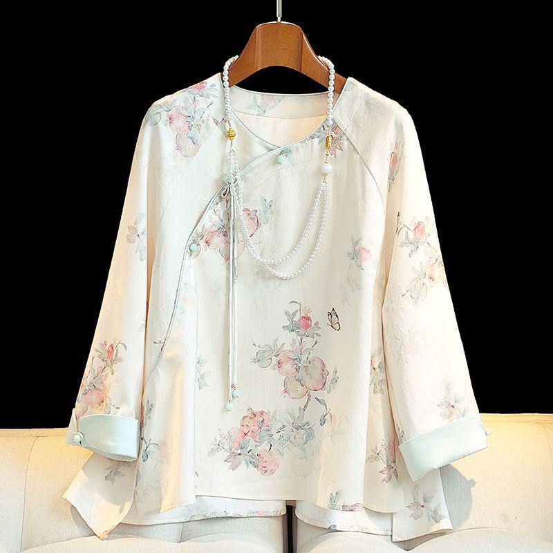 Women's Retro Chinese-Style Jacquard Shirt - Summer Round Neck, Button-Down, Elegant and Sweet Design
