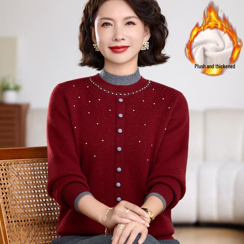 Elegant Winter Half-Collar Knit Sweater for Middle-Aged & Older Women – Velvet-Lined and Warm Two-Piece Look