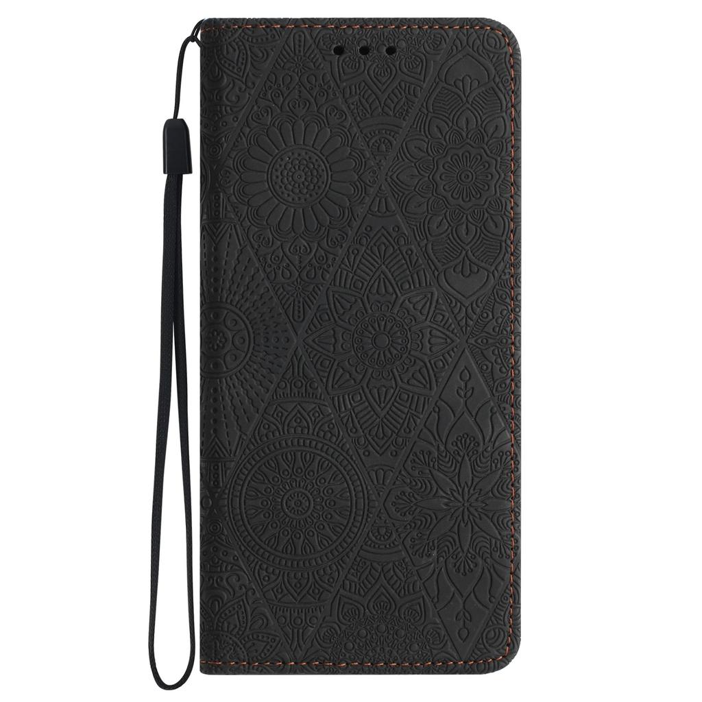 For iPhone 16 Case Imprinted Flower Wallet Stand Leather Phone Cover - Black
