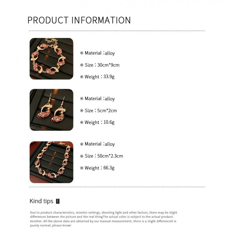 Vintage Enamel Zircon Drop Jewelry Set Women - Gold Tone Alloy Necklace Bracelet Earring Combo Retro Chic Locket Chain