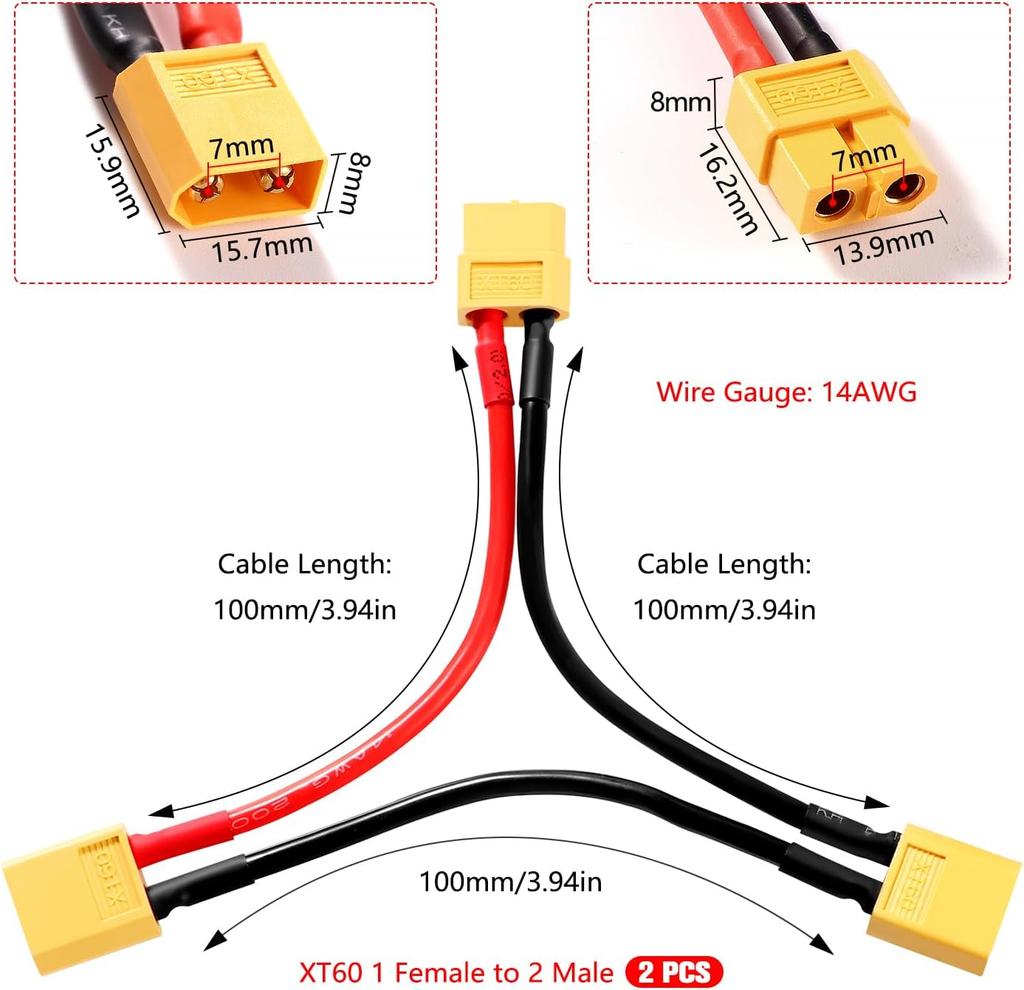 2 шт. Сетевой адаптер XT60 для 2 Lipo – Повышение напряжения, Разъем папа-мама – Для RC моделей, Силикон, Желтый Красный Черный