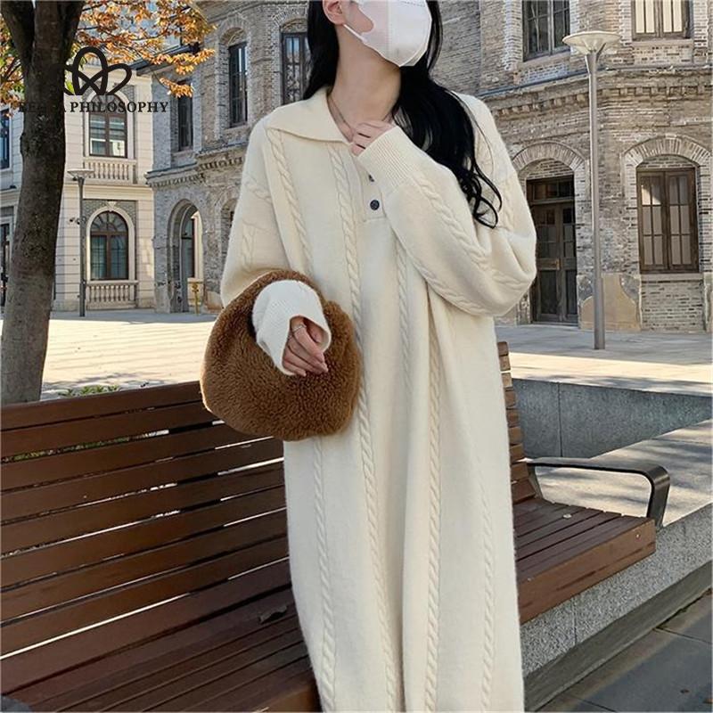Длинное вязаное платье в корейском стиле в ленивом стиле с лацканами, весна-осень 2024, новый дизайн, однотонное базовое платье-свитер