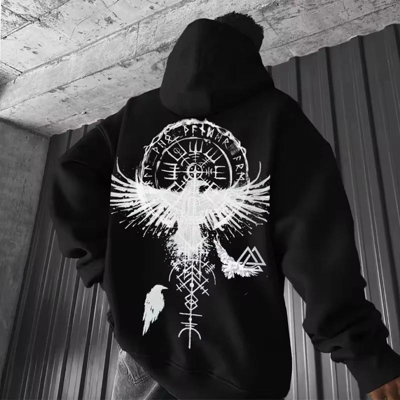 Men's Viking Totem Hooded Sweatshirt Cotton Loose Fit Eagle Pattern Sporty Fashionable Casual Hoodie moto