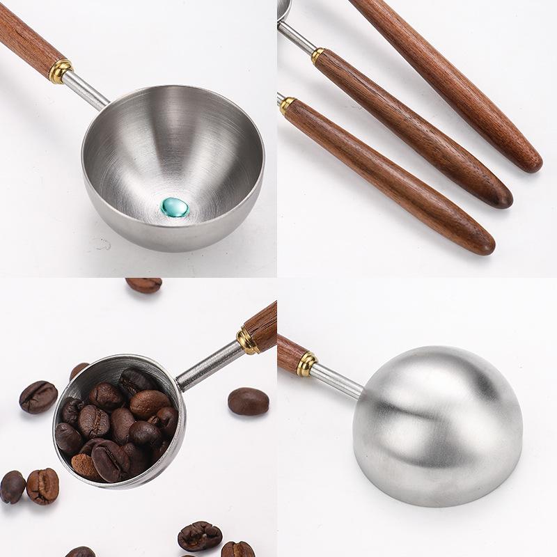 Measuring Spoon Walnut Wood Long Handle Coffee Spoons Household Wooden Handle Stainless Steel Coffee Scoop Tablespoon Cafe Tools