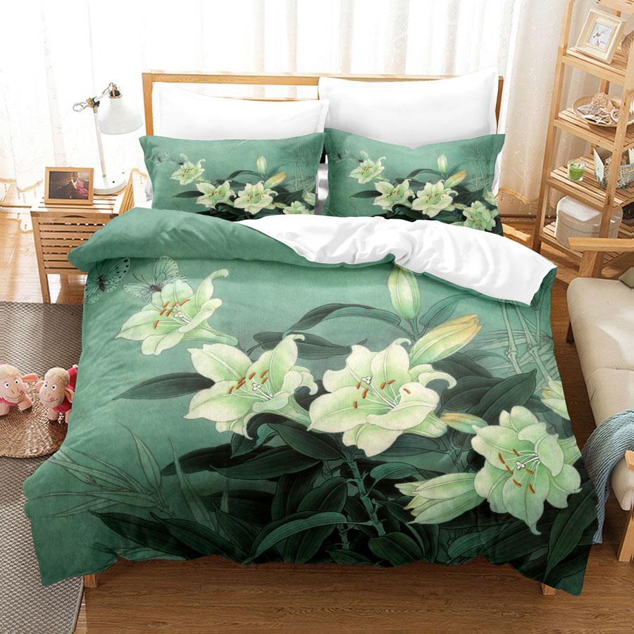 Comforter Green Flower Double Bed With Lotus Bedding Set King Size 3Pcs 2Pcs Single Twin Full 200X200 220X240Cm