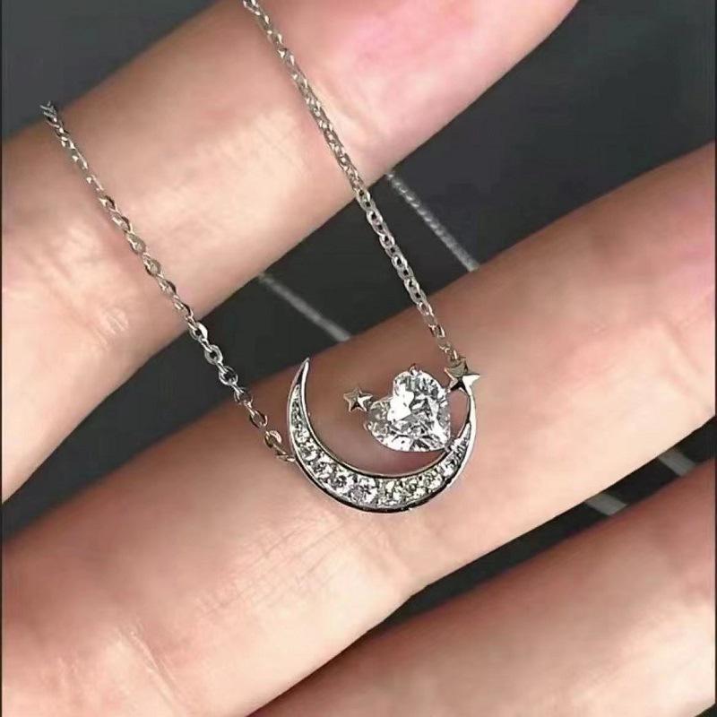 Изысканное серебряное ожерелье со звездой и луной для женщин, цепочка на ключицу в форме сердца и циркония, женские украшения, подарок на день рождения, аксессуары