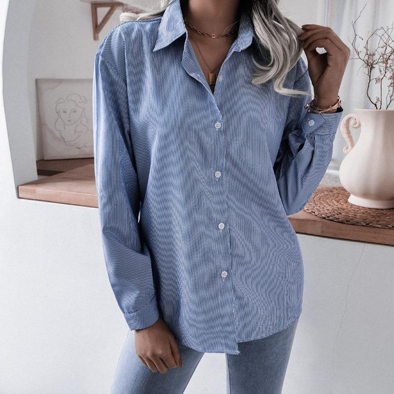Полосатая женская блузка с длинными рукавами, весна-лето, рубашка с отложным воротником, однобортная, со свободной талией, шикарный карман, M-4XL