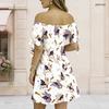 Women Plus Size Off Shoulder Short Sleeve Tie Cuff Cartoon Printed White A Line Dress